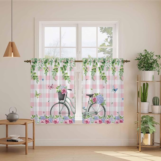 Spring Kitchen Curtains, Bicycles Leaves Butterfly Flowers Pink Buffalo Plaid