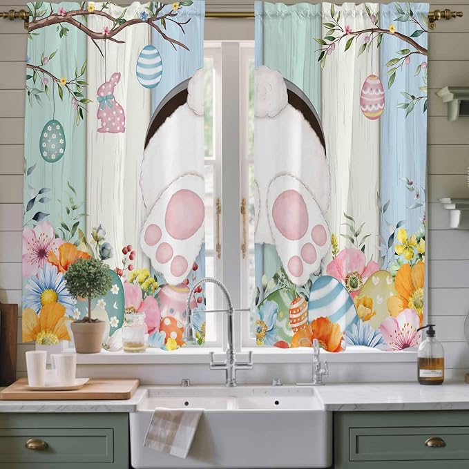 Easter Window Curtains 63 Inch Long 2 Panel Set, Rod Pocket Bedroom Curtains &