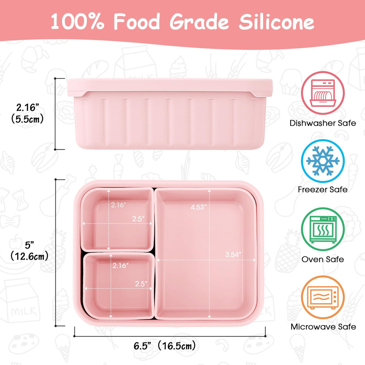Bento Lunch Box for Kids-Reusable Silicone Kids Bento Box Lunch Container Leakproof Lunchbox Meal Prep Food Storage Containers with 3 Removable Compartments–Dishwasher Safe/BPA Free/Portion Control