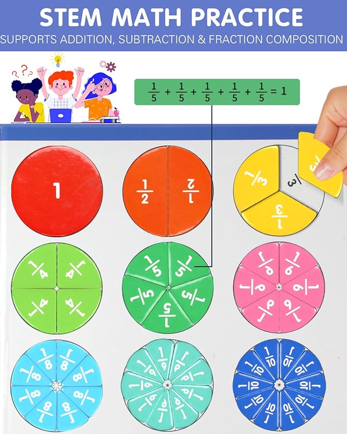 Magnetic Fraction Demonstration Book, Magnetic Fraction Tiles & Circles Educational Puzzle Set, Montessori Fraction Book for Kids, Math Manipulatives for Elementary School