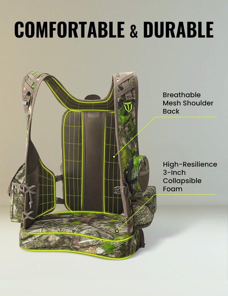 TIDEWE Vest with Seat, Lightweight Vest with Multi-Compartment Storage, Form-fitting Portable Backpack with 11 Adjustable Straps (Truetimber HTC Green)