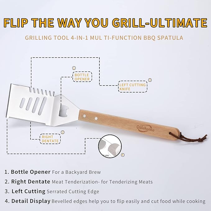 Qinshaine 4-in-1 BBQ Spatula, Multifunction Grill Spatula with Wooden Handle, perfect for BBQ grills and kebabs for camping picnics