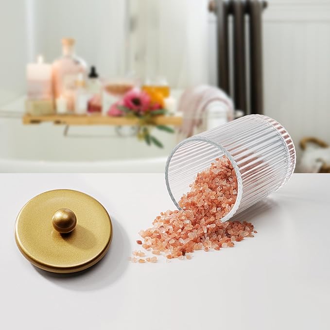 SheeChung 4-Pack Gold Ribbed Glass Qtip Holder - Apothecary Jars Bathroom Organizer Set with Lids - Vanity Storage Canisters for Cotton Balls, Pads, Swabs, Floss Picks - Modern Farmhouse