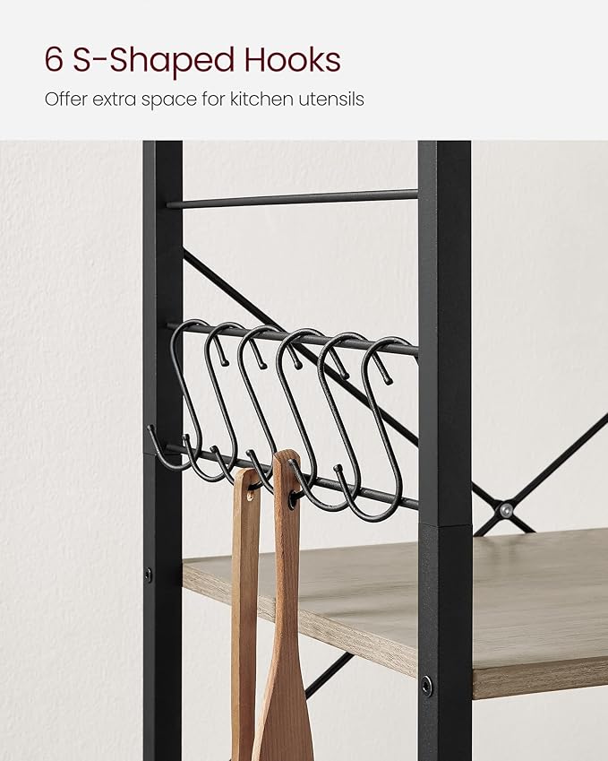 VASAGLE Kitchen Shelf on Wheels, 23.6 Inches Serving Cart with 3 Shelves, Kitchen Cart, Microwave Shelf, for Mini Oven, Toaster, with 6 Hooks, Industrial Style, Heather Greige and Ink Black UKKS060B02