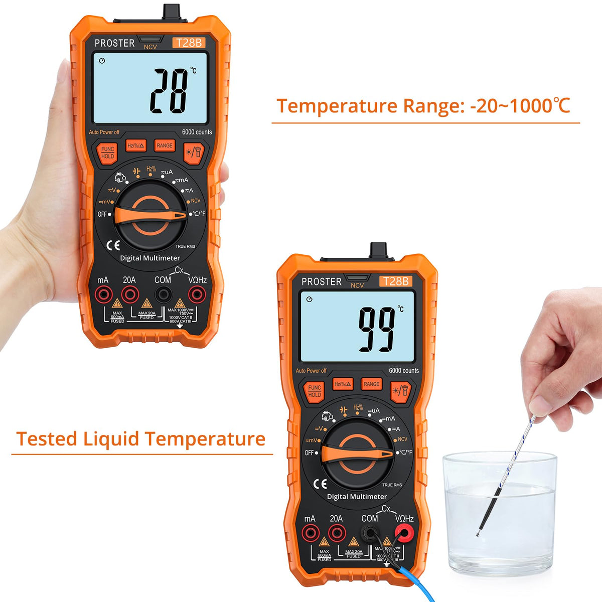 Proster Digital Multimeter - TRMS Voltmeter Multimetro Auto Range Multi Testers, 20A DC AC Current Meter NCV Detector Magnetic Hanging Hands-Free Design with Temperature Probe Backlit LCD Flashlight