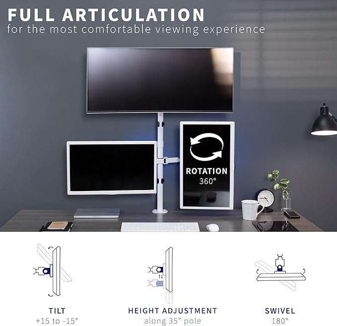 VIVO Triple LCD Monitor Desk Mount Stand Heavy Duty and Fully Adjustable, 3 Screens up to 30 inches, White STAND-V003TW