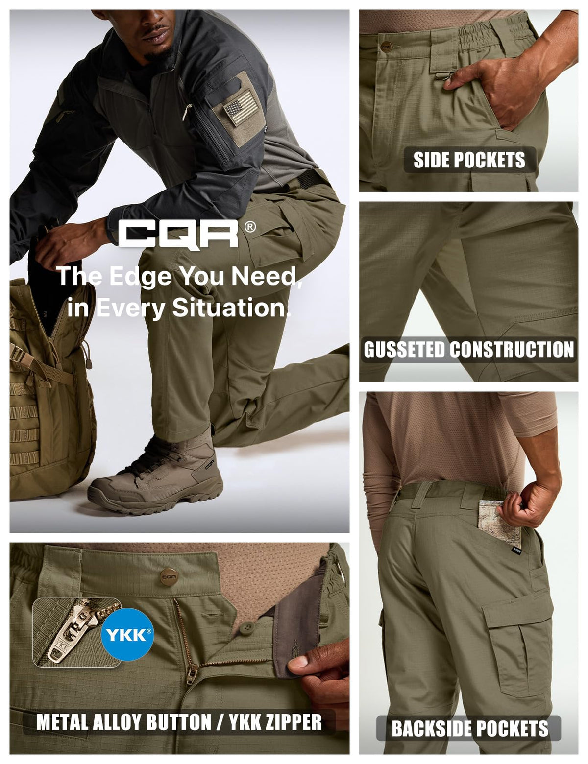 CQR Men's Tactical Pants, Water Resistant Ripstop Cargo Pants, Lightweight EDC Work Hiking Pants, Outdoor Apparel, Raider Mag Pocket Soil Green, 32W x 30L