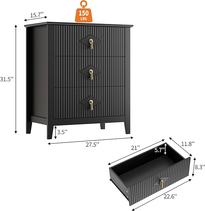 GarveeHome Wood Nightstand Fluted Dresser for Bedroom, 27.5" Wide 3-Drawer Bedside Tables, Modern Chest of Drawers, Storage End Table Living Room, Hallway, Entryway, Black