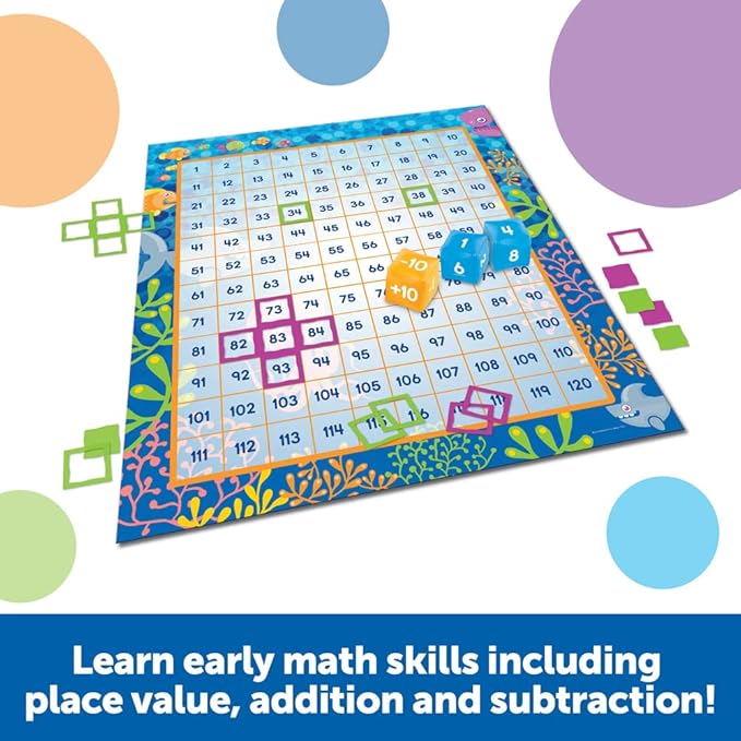 Learning Resources Make a Splash 120 Mat Floor Game - Math Manipulatives, Addition and Subtraction Board Games , Classroom Must Haves, Homeschool Supplies, Montessori Gifts for Boys and Girls