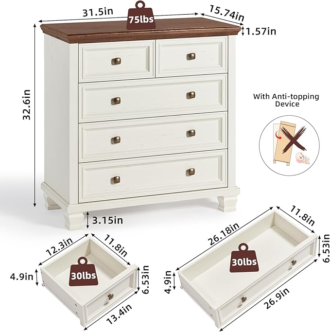 Farmhouse 5 Drawer Dresser Set of 2, 32.6 Inch Tall Modern Chest of Drawers for Bedroom, Mid Century Small Dressers w/Square Solid Wood Legs, Rustic Storage Organizer for Hallway, White