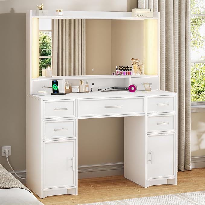 AOGLLATI Vanity Desk with Mirror and Lights, Makeup Vanity Desk with Lights, Large Mirror with Charging Station and 3 Color Lightbox, White Vanity Table with 7 Drawers for Bedroom, White