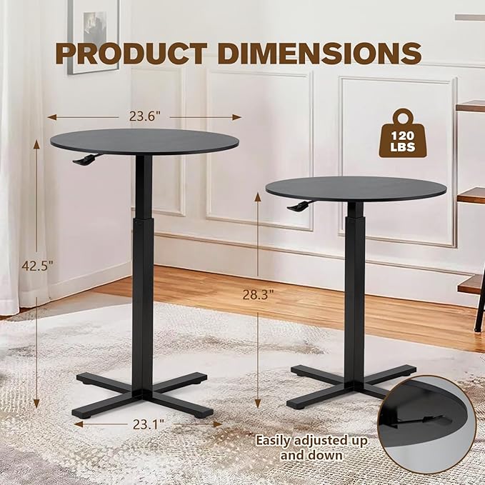 Round Cocktail Bar Table,Height-Adjustable Round Pub Table 23.8 Inches with Removable Wheel,Dual-Use for Kitchen, Coffee Bar, Pub, Office or Dining (Black), Set of 1
