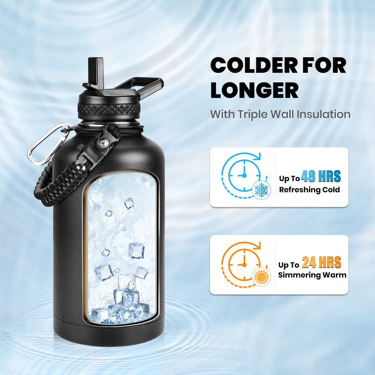 RAYMYLO Insulated Water Bottle 64 oz, Triple Wall Vacuum Stainless Steel (Cold for 48 Hrs), Leak Proof & Non-BPA, Half Gallon Water Flask Jug with Paracord Handle & Straw Spout Lids, Magic Black