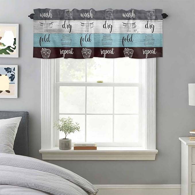 Laundry Rules Valances for Windows, Retro Blue White Wood Board Grain Kitchen