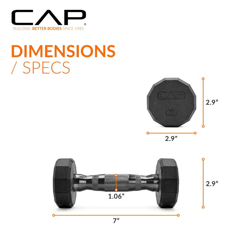 CAP 8 LB 12-Sided Rubber Coated Dumbbell Weight, Rubber Hand Weights for Home Gym Strength Training, Black Oxide Handle, Pair
