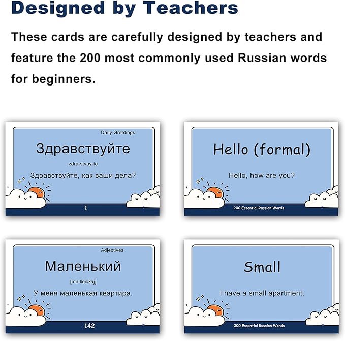 200 Essential Russian Words Vocabulary Flash Cards Flashcard for Beginners Adults | Learn Russian for Beginners Adult