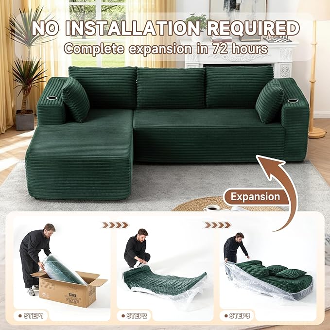 106" Cloud Couch Corduroy Modular Sectional Sofa L-Shape Boneless Couch with Wide Armrests and Cup Holders for Living Room Bedroom, No Assembly Required (Green)