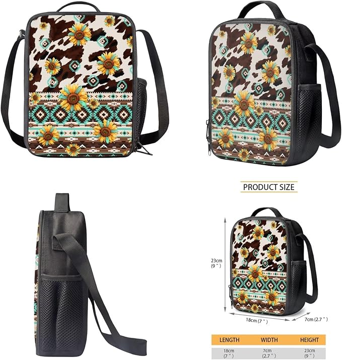 CLOHOMIN Aztec Cow Print Backpack with Lunchbox Age 5th Grade/6th Grade 3 in 1 Middle School Book Bags with Pencil Case Lunch Bag Set Sunflowers School Bag for Kids Boys Girls 9-10