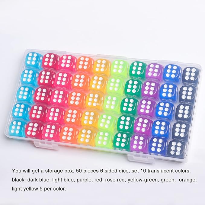 50 Pieces Dice Set, 14mm Bulk 6 Sided Colored Dices for Board Games, Math Learning,Classroom