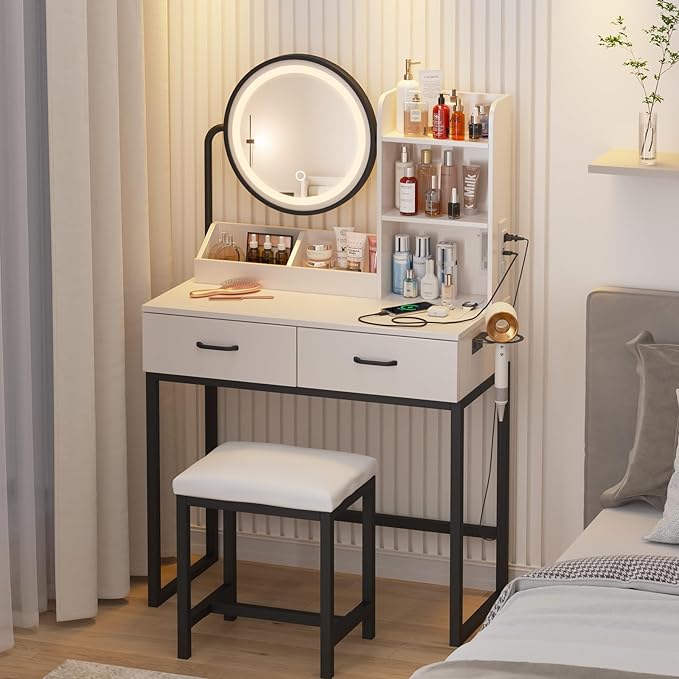 Vabches Makeup Vanity with Round Mirror and Lights, White Vanity Makeup Table with Charging Station, Small Vanity Table for Bedroom, 3 Lighting Modes, 31.5in(L)