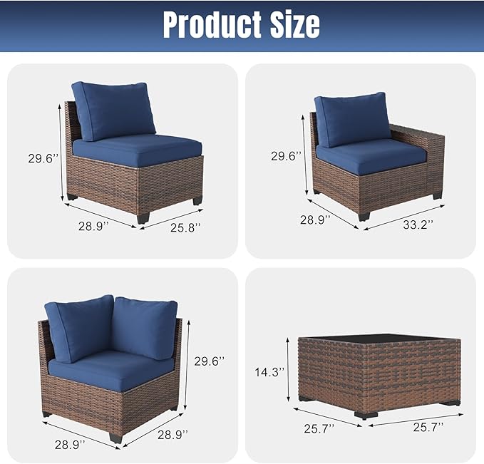 Aoxun 12 Pieces Patio Furniture Set Wicker Rattan Outdoor Sectional Conversation Set with Coffee Table and 4” Thickened Cushions, Blue (Waterproof Cover Included)