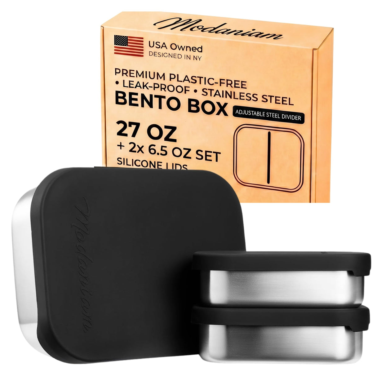 Modaniam Stainless Steel Lunch Box Containers, 27 OZ + 9 OZ Set, Stainless Steel Bento Box, Metal Lunch Box, Sandwich & Snack Containers, Leak Proof SIlicone Lids,Small Vanilla - 1 * 27OZ + 2 * 9 OZ