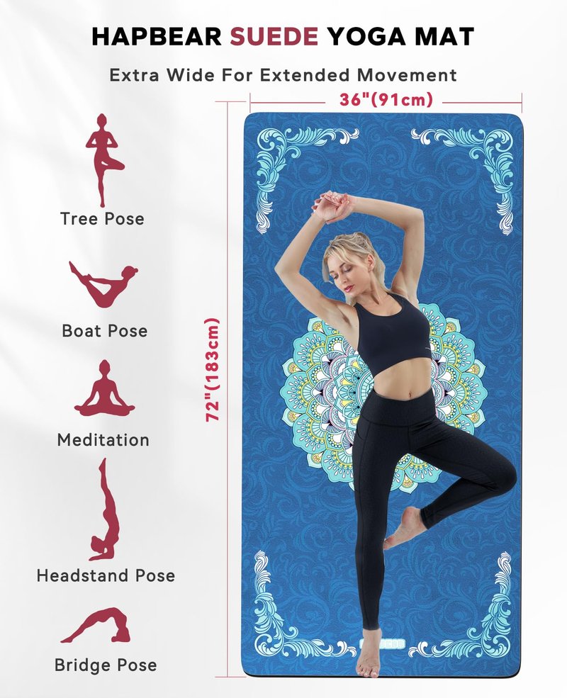 HAPBEAR Large Yoga Mat - 72x36'' Wide workout Mat, Suede Surface with TPE Layer, 1/4'' Thick for Cushioned Support, Non-Slip Yoga Mat, Suitable for Yoga, Pilates, Home and Gym Workouts