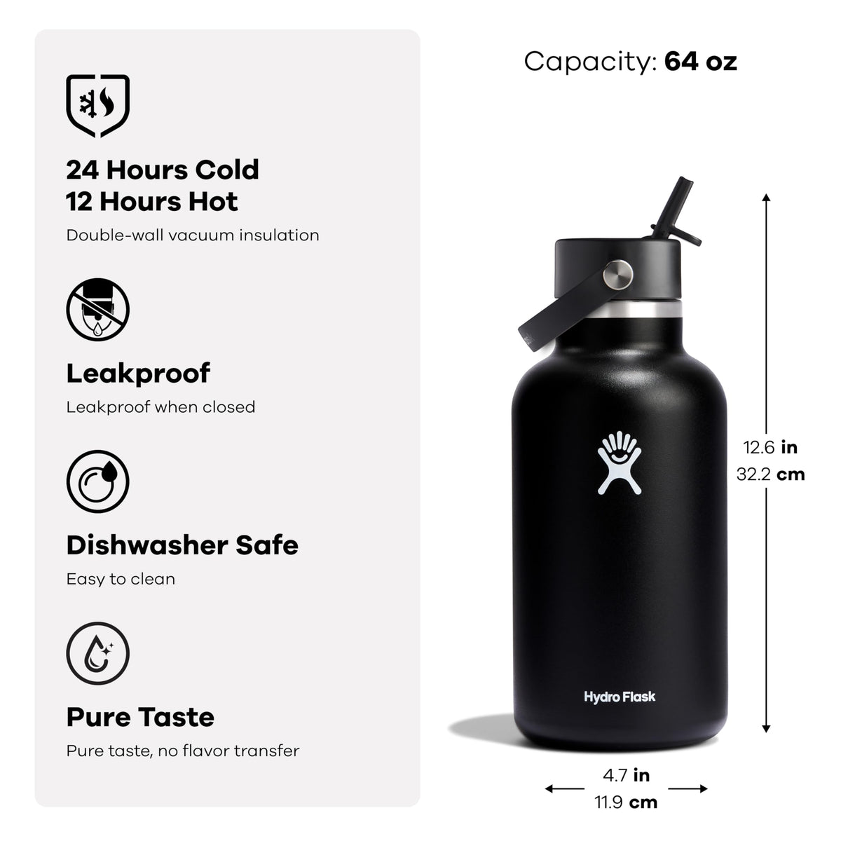 Hydro Flask Water Bottle - Insulated Stainless Steel - Wide Mouth Flex Straw Lid, Non Spill, Leakproof and Refillable in 64 Oz White