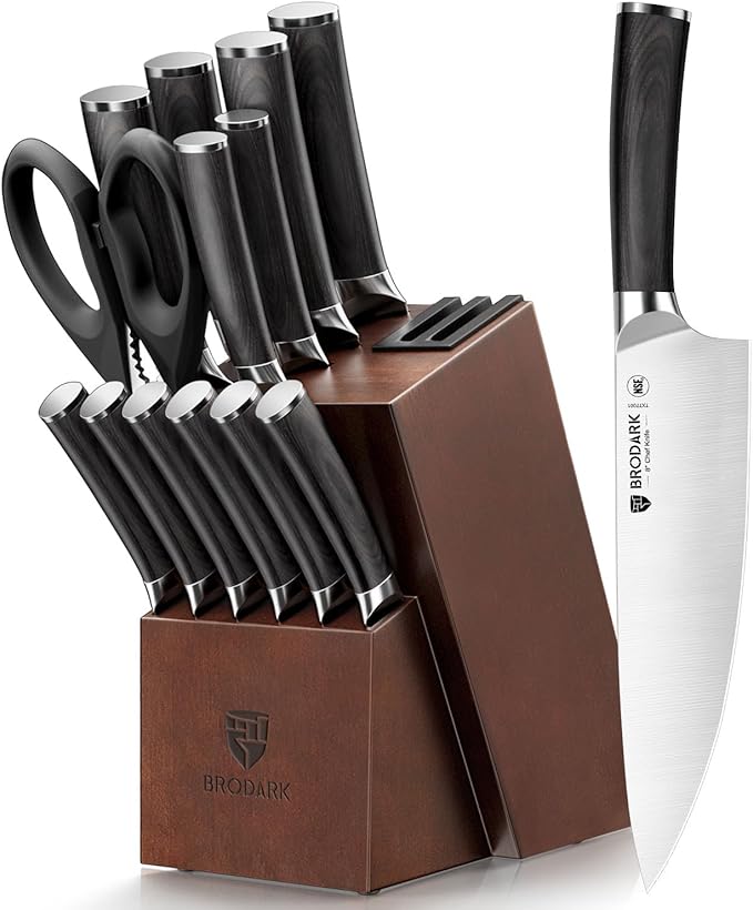 BRODARK 15PCS Kitchen Knife Set with Block and Dual Sharpener,Wooden Handle