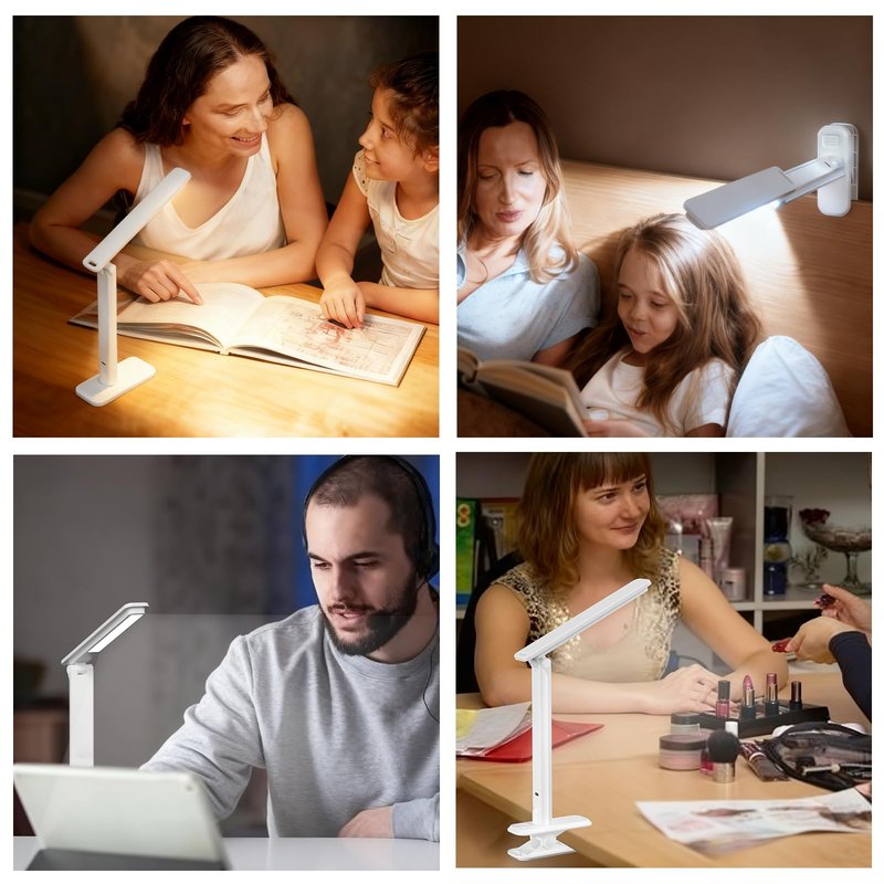 ANNAITE LED Desk Lamp Dimmable Table Lamp Reading Lamp with Changeable Clip & Base, 3 Brightness Dimmable Small Desk Lamp for Office Home, Desk Clip on Lamp for Bed Headboard, LED Desk Light Strip