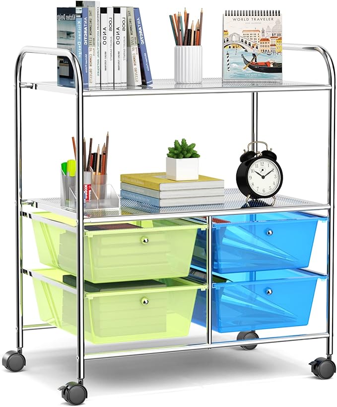 COSTWAY 4-Drawer Storage Cart, Mobile Storage Organizer w/Steel Frame & 360° Wheels, 4-Drawer Utility Cart for Living Room, Kitchen, Bathroom & Office, Green & Blue