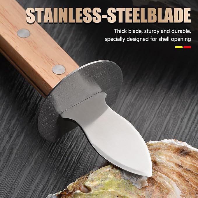 StnKitchExplor Oyster Knife Shucker Set Oyster Shucking Knife with Wooden holder Oyster Shucking Clamp Seafood Tools (Brown)