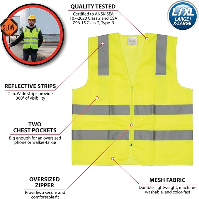 Performance Tool W1580 High-Visibility Reflective Safety Vest, Chest Pockets, Zip Closure, Neon Yellow