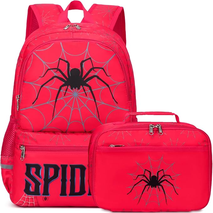 DSIUE Kids School Backpack Boys Spider Bookbag with Lunch Box Set, Kids Backpack for Kindergarten Elementary Middle School, Red