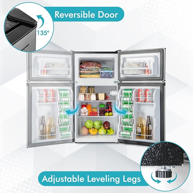 COSTWAY Compact Refrigerator, 3.2 Cu.Ft. Fridge Freezer Compartment with Reversible 2 Door, Adjustable Thermostat, Removable Glass Shelves, Mini Refrigerator for Bedroom Dorm Apartment, Silver