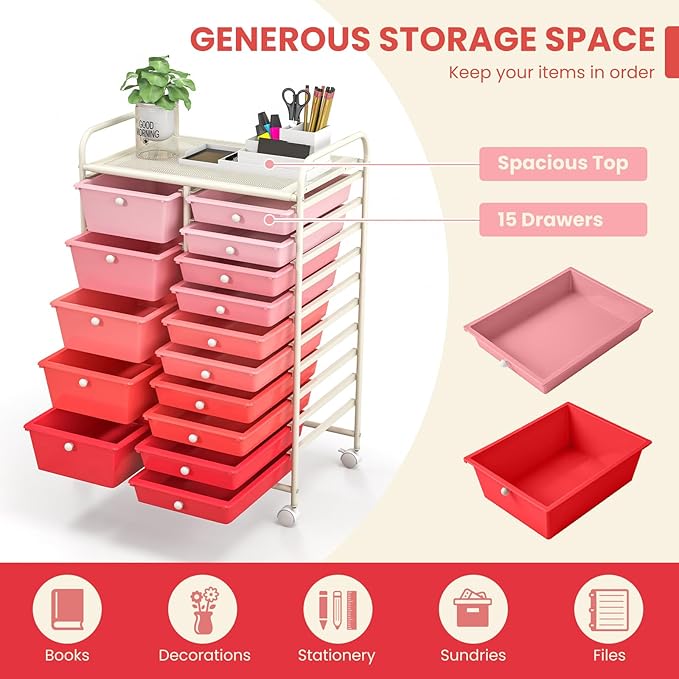 COSTWAY 15 Drawer Rolling Storage Cart, Mobile Utility Cart with Lockable Wheels, Drawers, Multipurpose Organizer Cart for Home, Office, School, Gradient Pink