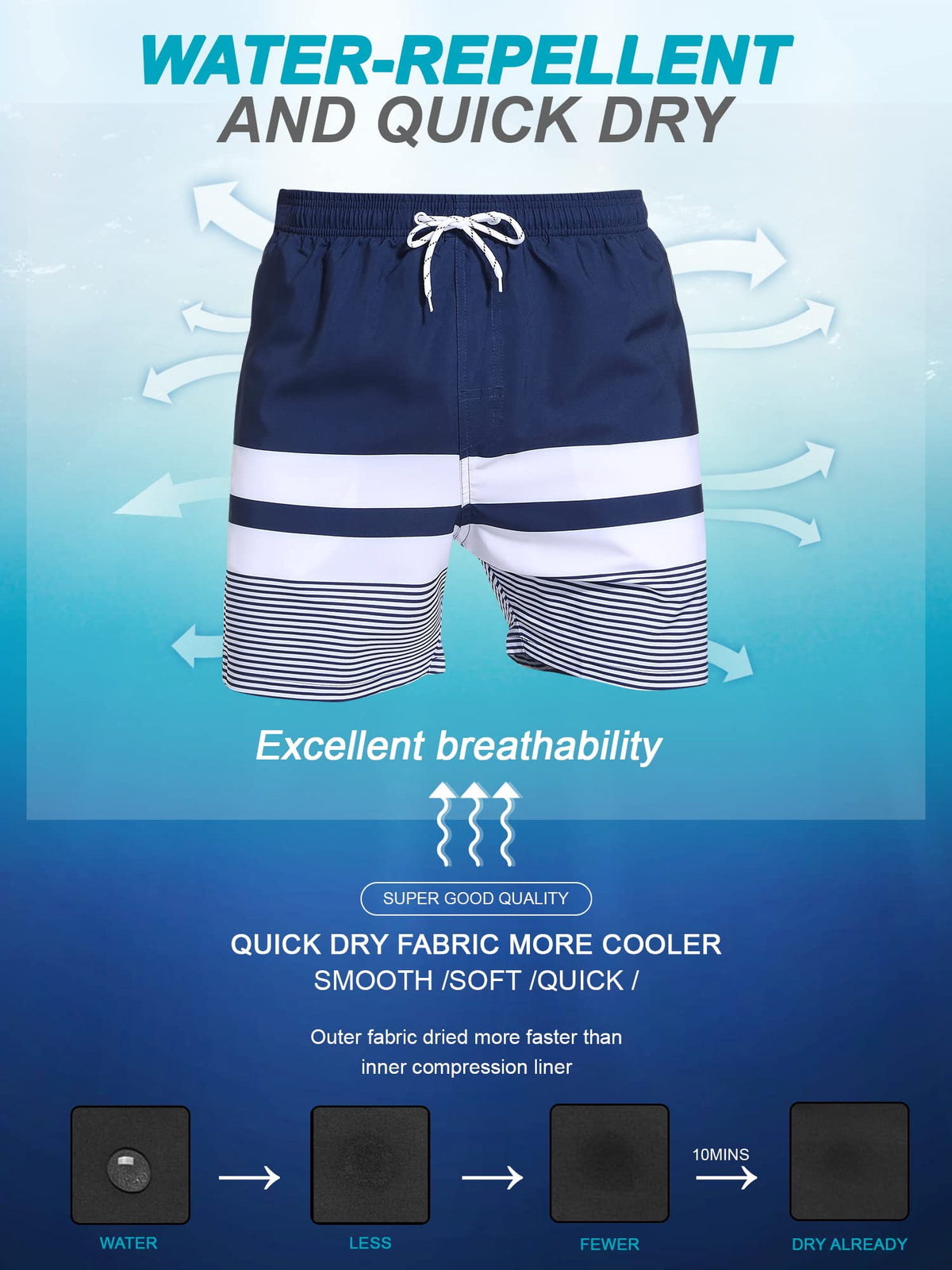 SILKWORLD Quick Dry Mens Swim Trunks with Compression Liner Stretch Swim Shorts Bathing Suits with Zipper Pockets,Dark Navy&White Stripes,X-Large