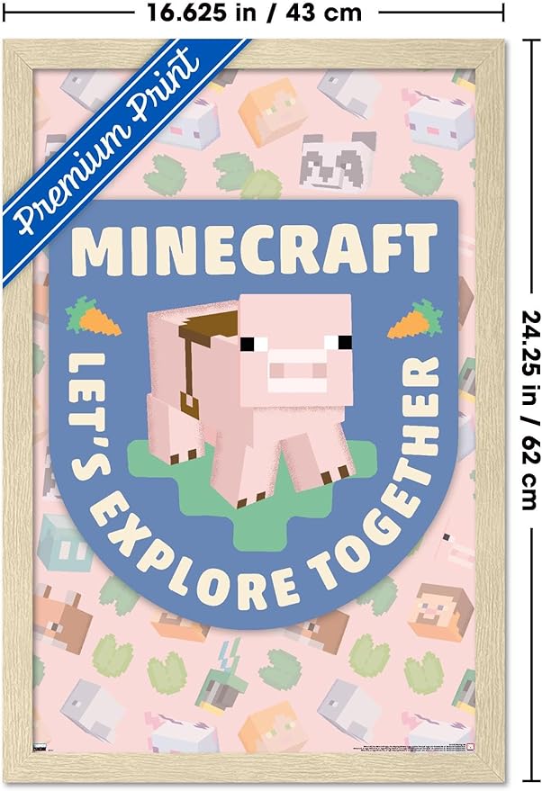 Trends International Minecraft - Let's Explore Together Wall Poster, 22.4L x 14.7W, Blonde Framed Version