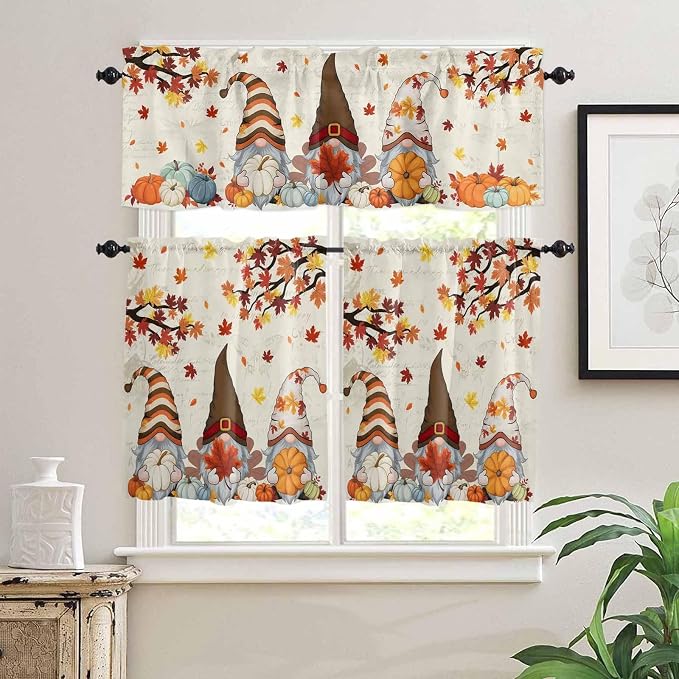 Fall Kitchen Curtain Set, Thanksgiving Gnomes Maple Leaf Pumpkin Beige Window