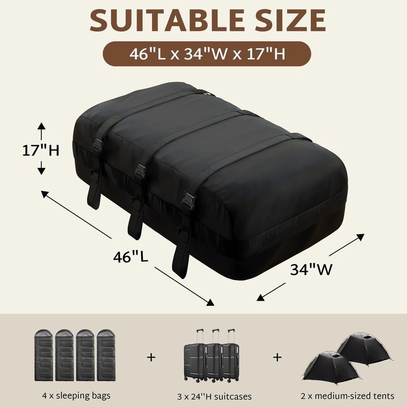iBirdie Roof Rack Cargo Carrier 15.3 Cubic Feet, Soft-Shell Rooftop Cargo Box, Waterproof Heavy Duty 1200D for Car with/Without Roof Rack, Includes Anti-Slip Mat, Door Hooks, 46x34x17 inches