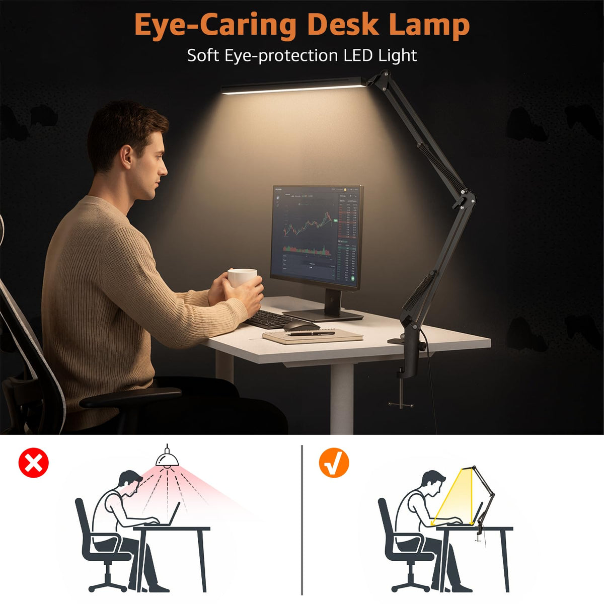 Upgrade Swing Arm LED Desk Lamp with Clamp, 80 LED Beads, 5 Color Modes & 11 Brightness Levels, 360° Adjustable Arm, Eye-Caring Light CRI95, Timer & Memory Function, for Office, Study, Crafting
