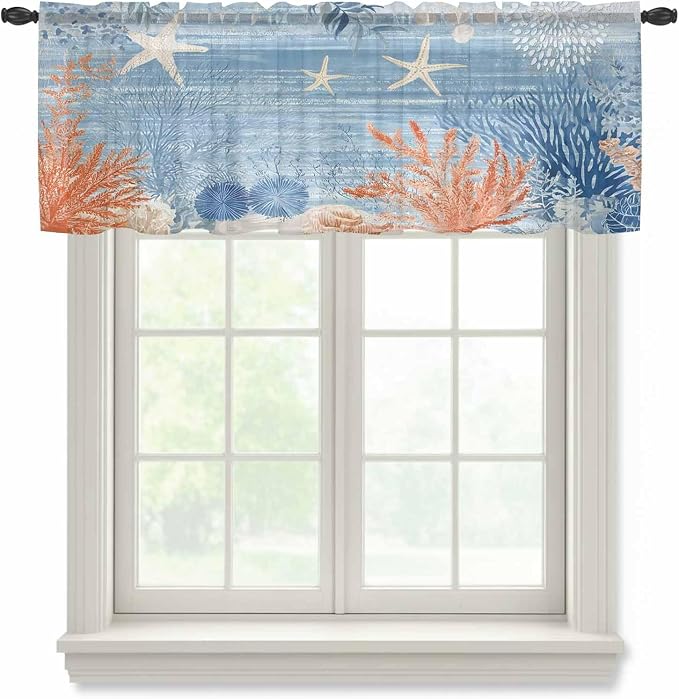 Ocean Corals Sheer Valance Curtains, Summer Beach Coral Sea Stars Blue Stripes