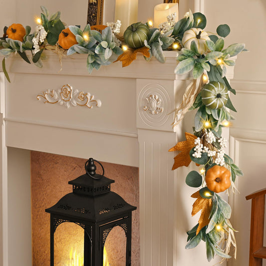 Fall Decor,Fall Garland for Mantel, 6 FT Fall Garland with Light, Lighted Autumn Garlands with Faux Lamb's Ear & Pumpkins, Thanksgiving Table Centerpiece, Fall Decorations for Home Porch Fireplace