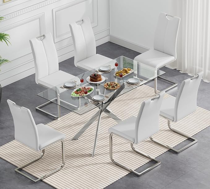 51.18" Glass Dining Table for 4-6, Dining Room Table with Clear Tempered Glass and Silver Metal Legs, Modern Rectangular Kitchen and Dining Room Dinner Table for Kitchen