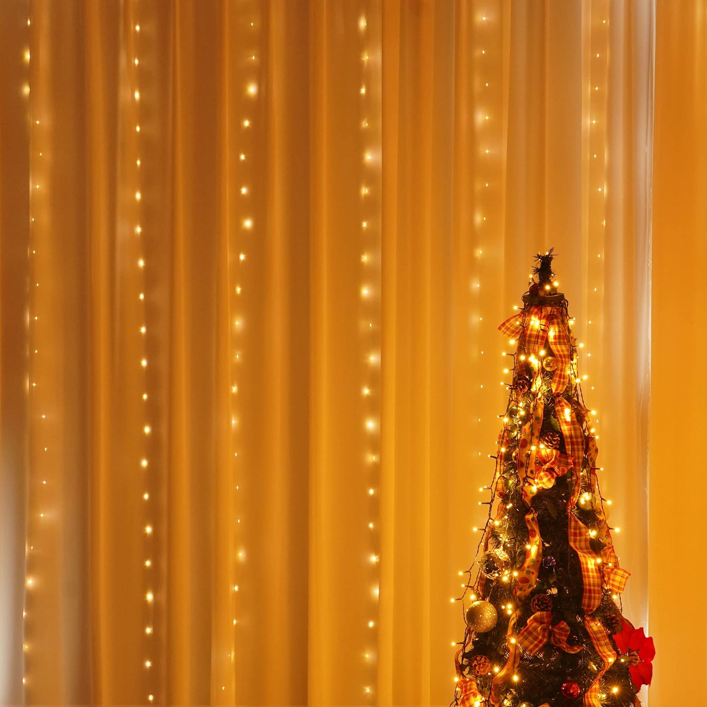 Dazzle Bright Curtain String Lights, 300 LED 9.8ft x9.8ft Warm White Fairy Lights with 8 Lighting Modes, Waterproof Lights for Bedroom Christmas Party Wedding Home Garden Wall Decor