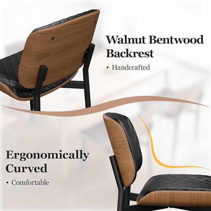 Dining Chairs Set of 6, Mid-Century Modern Upholstered PU Leather Chairs with Walnut Back and Metal Legs Adjustable Feet for Kitchen Dining Room, Black Diamond Plaid