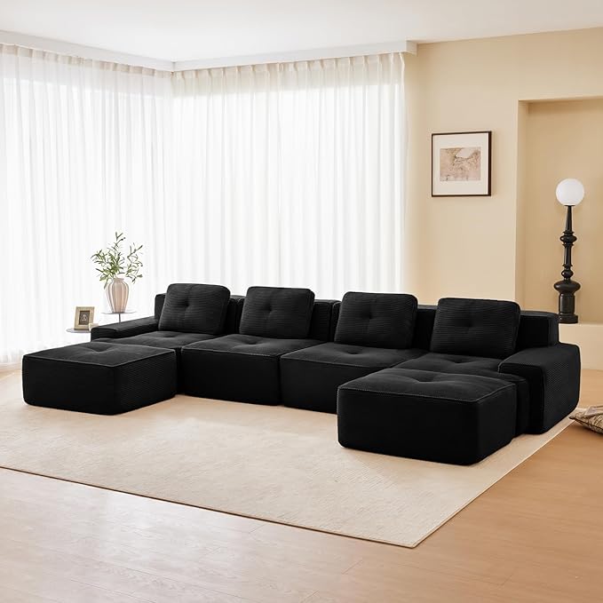 150" Modern Corduroy Cloud Sofa with Ottoman, U Shaped Boneless Modular Large Sectional Couches for Living Room, Black 4 Seater Compressed Memory Foam Couch, Extra Deep Seat, No Assembly