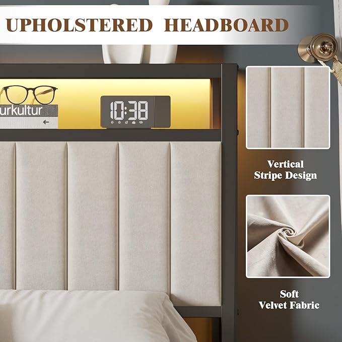 Full Bed Frame with Folding Bench and Charging Station, Velvet Upholstered Headboard with LED Light and Storage Shelf, Heavy Duty Metal Slats/No Box Spring Needed/Easy Assembly, Beige