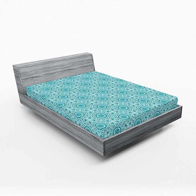 Ambesonne Boho Fitted Sheet, Continuous Abstract Pattern with Modern Mandala Effect Monochrome, Bed Cover with All-Round Elastic Deep Pocket for Comfort, Full Size, Dark Seafoam and White