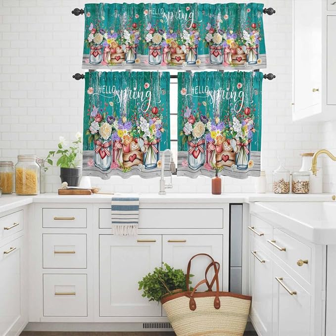 Kitchen Curtains Tiers and Valance Set of 3, Spring Flowers Light Filtering